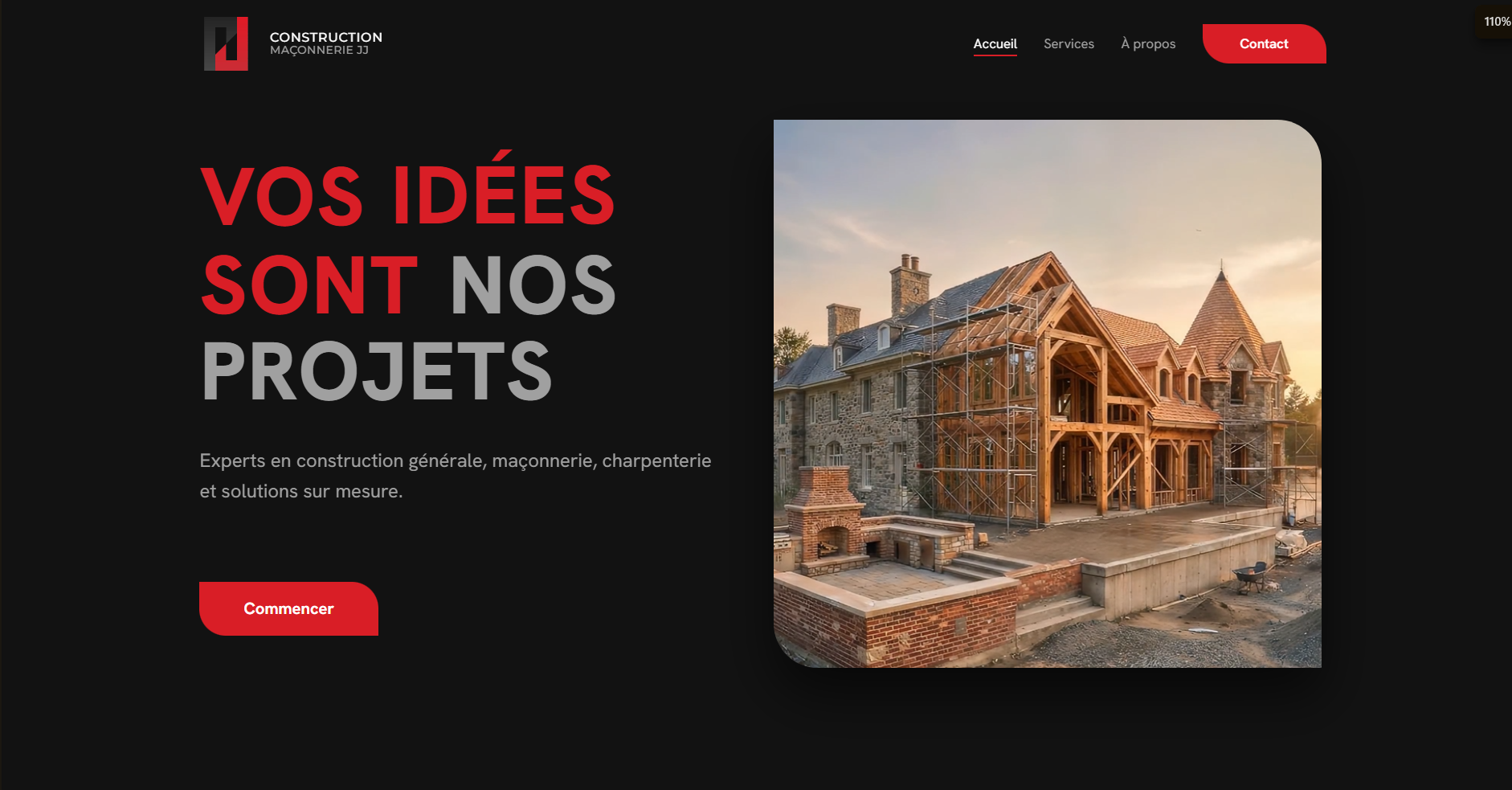 Page d'accueil du site Construction Maçonnerie JJ avec maison en construction