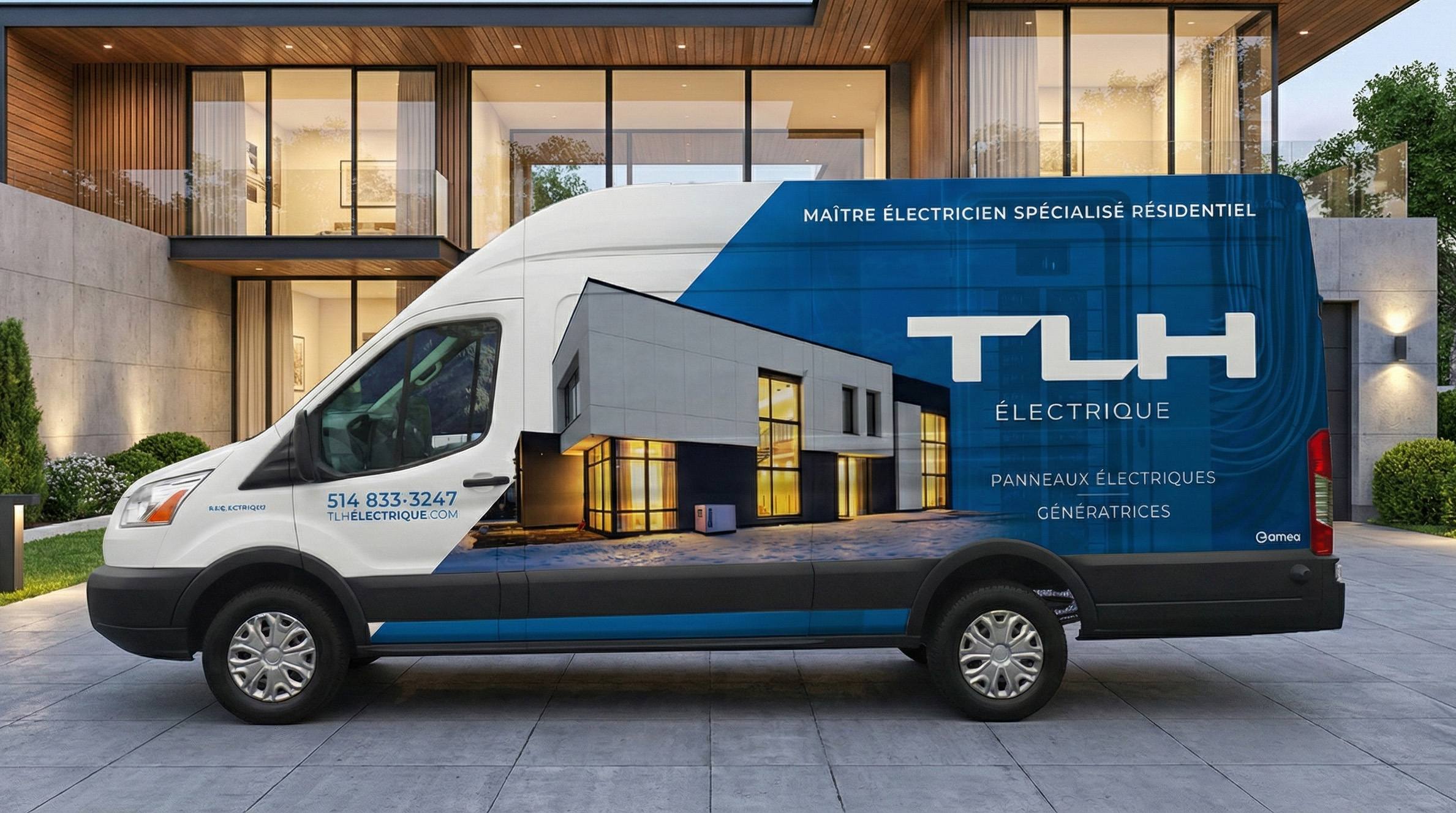 Camionnette TLH Électrique lettrée devant une résidence moderne