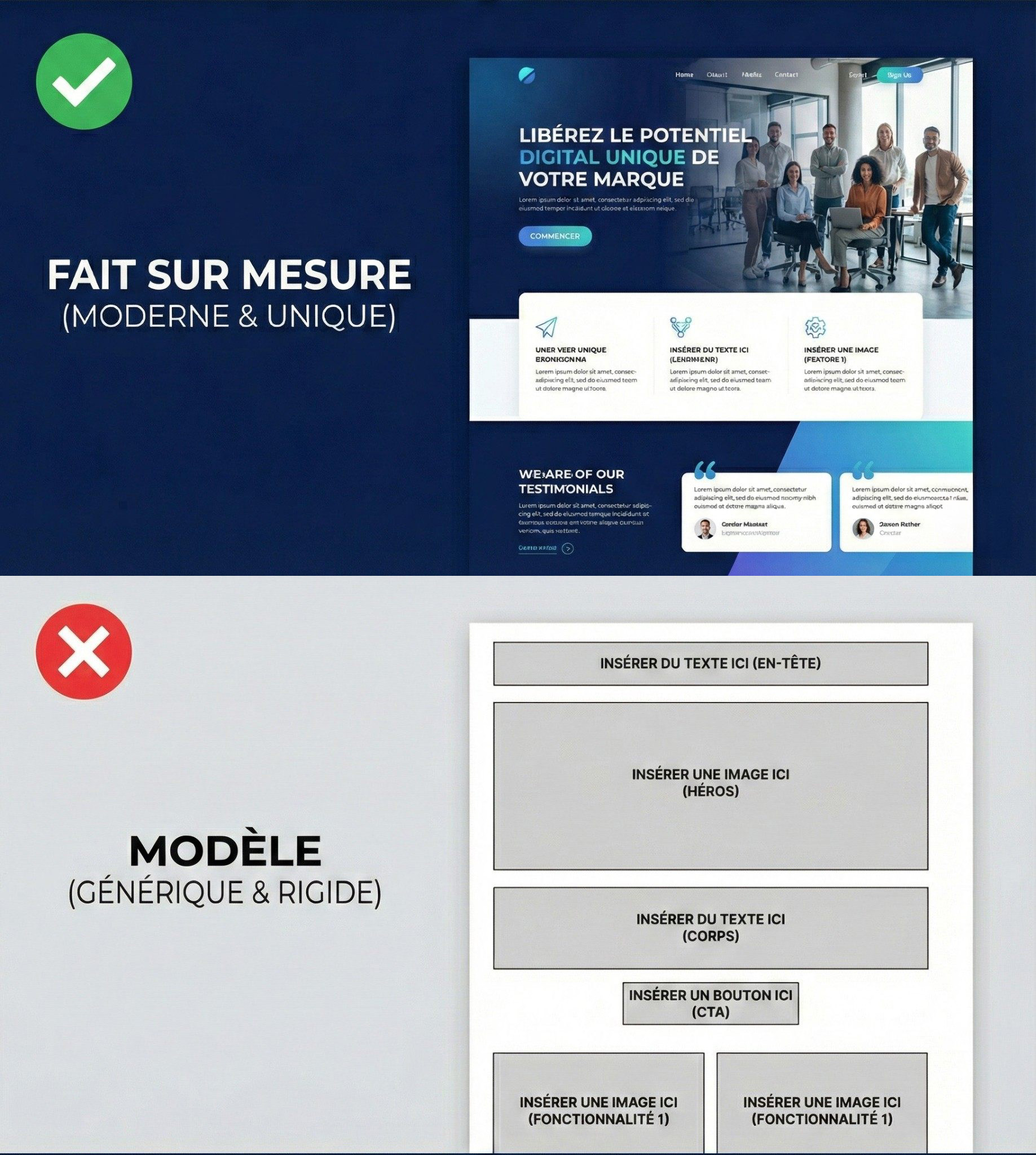 Comparatif entre un site web sur mesure moderne et un modèle générique rigide
