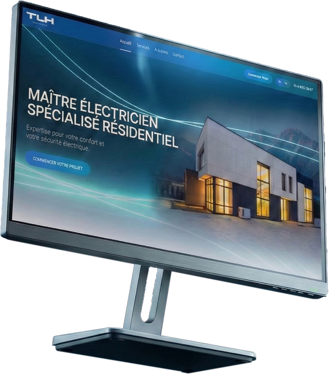 Maquette du site TLH Électrique affichée sur un écran d'ordinateur