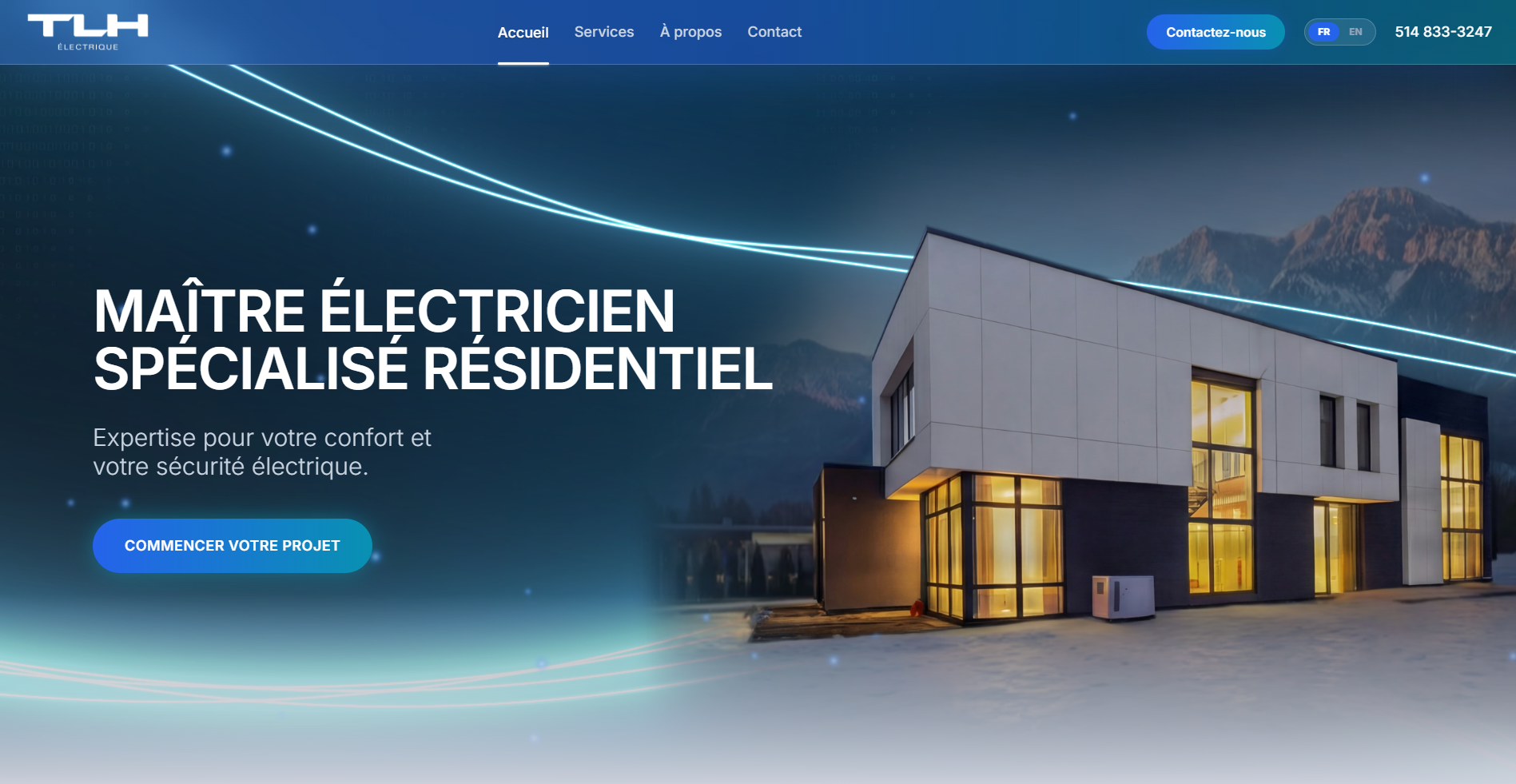 Page d'accueil du site TLH Électrique avec maison moderne